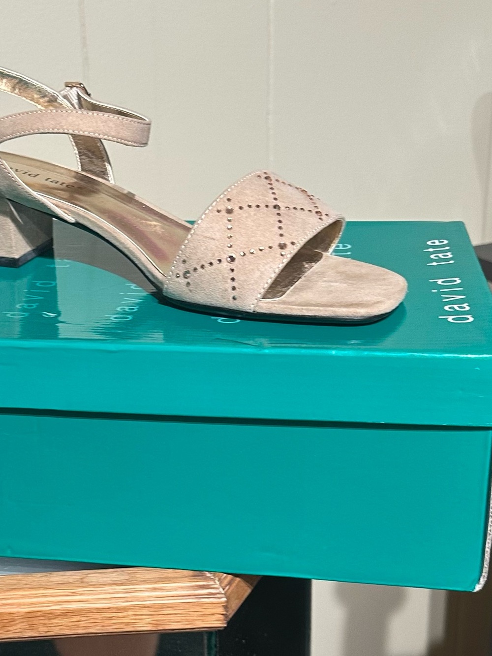 Pair of Beige Suede Block Heel Sandals